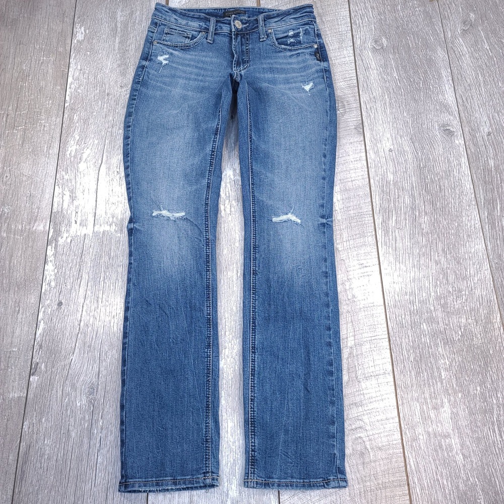 Silver Jeans Elyse Straight Leg Women Size 25x31 Blue Distressed Mid Rise Denim